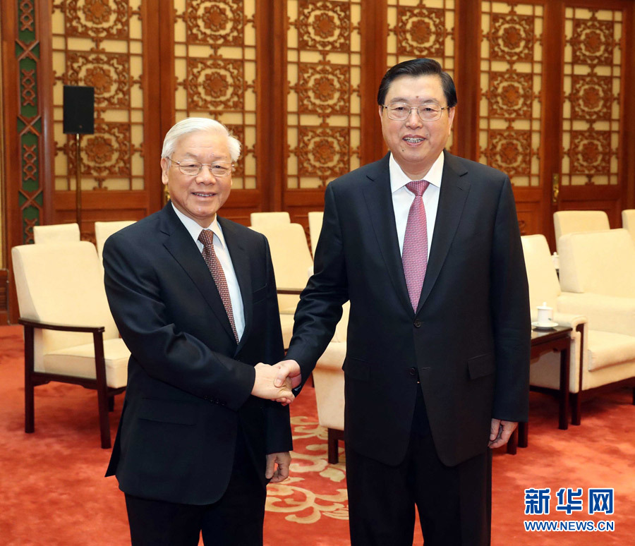 1月13日，中共中央政治局常委、全國人大常委會委員長張德江在北京人民大會堂會見越共中央總書記阮富仲。 新華社記者 劉衛(wèi)兵 攝