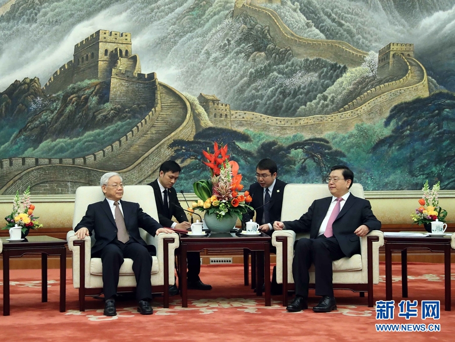 1月13日，中共中央政治局常委、全國人大常委會委員長張德江在北京人民大會堂會見越共中央總書記阮富仲。 新華社記者 劉衛(wèi)兵 攝