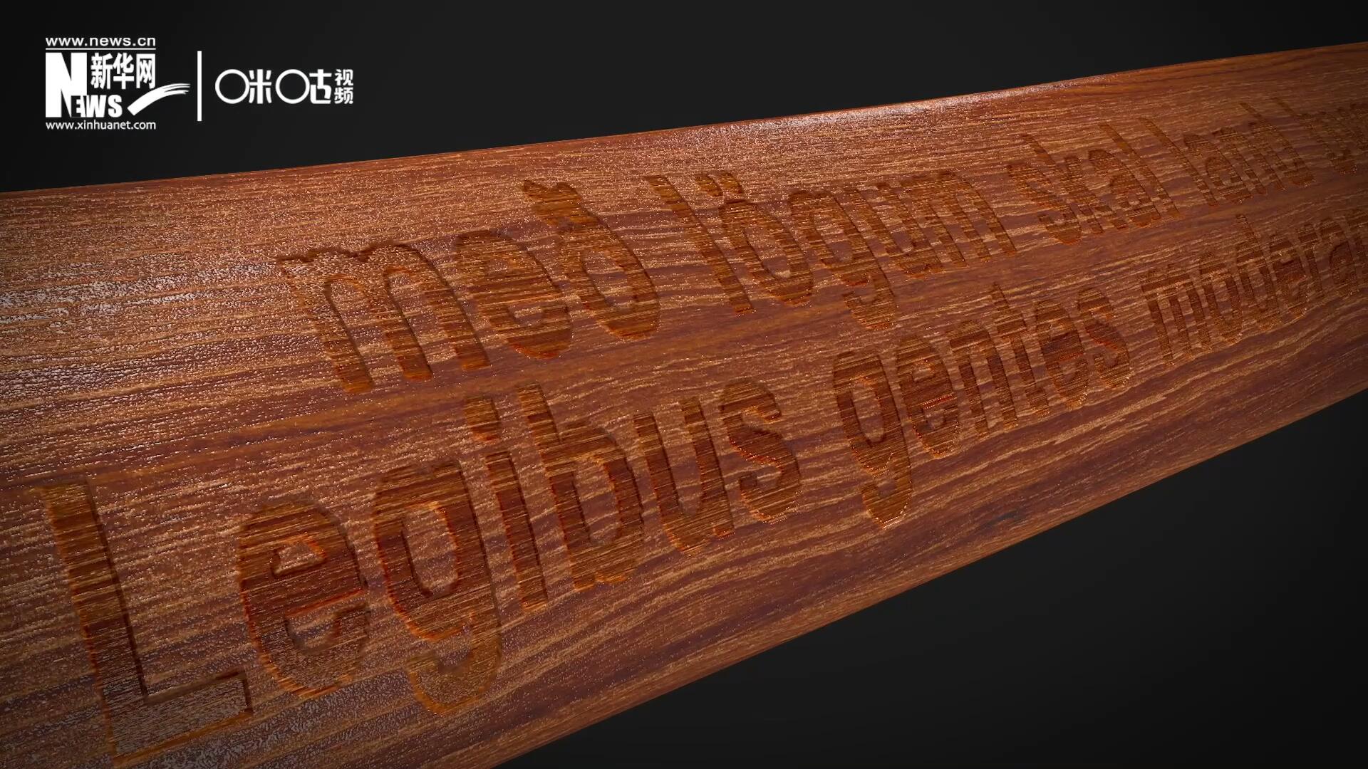 這把木槌尺寸超大、顏色棕紅、精雕細(xì)刻，上面刻有&ldquo;社會必須建立在法律的基礎(chǔ)上&rdquo;。