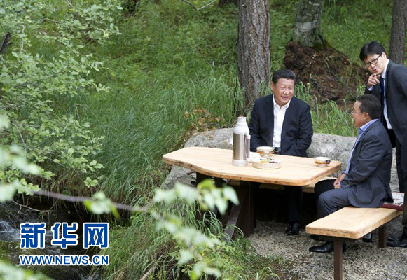 8月22日，國(guó)家主席習(xí)近平同蒙古國(guó)總統(tǒng)額勒貝格道爾吉在烏蘭巴托市郊的總統(tǒng)官邸再次會(huì)晤。這是習(xí)近平同額勒貝格道爾吉會(huì)晤后在溪畔飲茶。新華社記者 黃敬文 攝