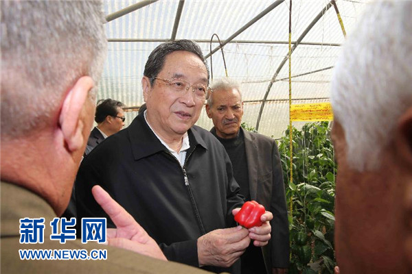 11月8日，正在約旦進(jìn)行正式友好訪問的全國政協(xié)主席俞正聲在約旦河谷參觀碩果農(nóng)業(yè)合作社。 新華社記者 劉衛(wèi)兵 攝 