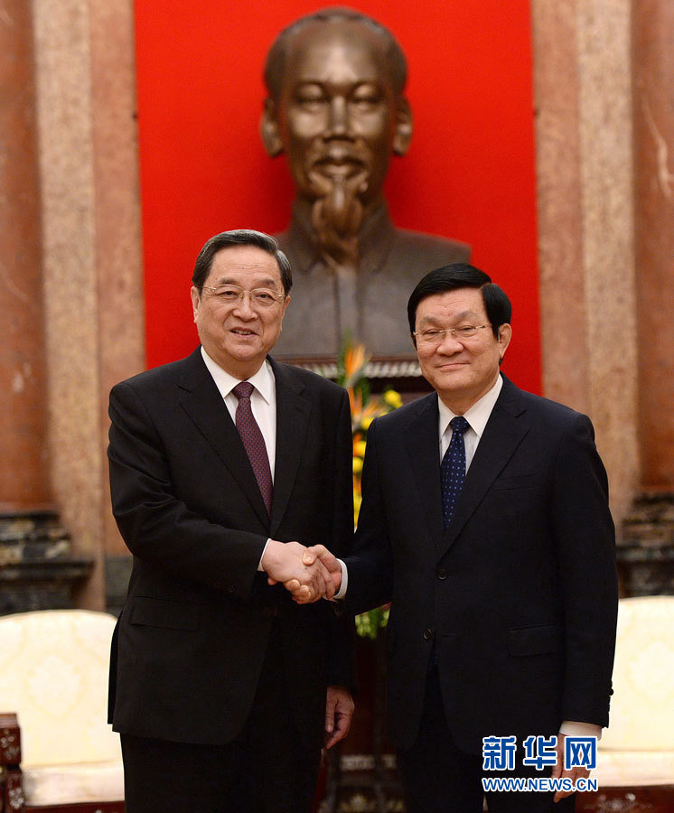 12月25日至27日，中共中央政治局常委、全國政協(xié)主席俞正聲對越南進(jìn)行正式訪問。這是12月26日，俞正聲在河內(nèi)會見越南國家主席張晉創(chuàng)。 新華社記者馬占成攝