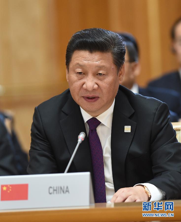 7月9日，金磚國家領導人第七次會晤在俄羅斯烏法舉行。中國國家主席習近平、俄羅斯總統(tǒng)普京、巴西總統(tǒng)羅塞夫、印度總理莫迪、南非總統(tǒng)祖馬出席。這是習近平發(fā)表題為《共建伙伴關系　共創(chuàng)美好未來》的主旨講話。新華社記者 饒愛民 攝 
